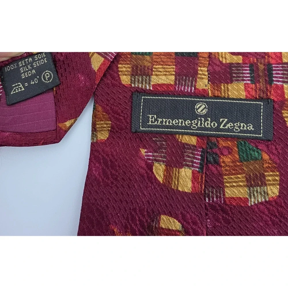 Ermenegildo Zegna Tie Mens OS Burgundy Abstract Plaid Silk Jacquard‎ Italy Wide